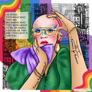 Candle label featuring colorful portrait by Liubov Pohorelova with the text: This Light Is for You. A SouthShop collaboration.